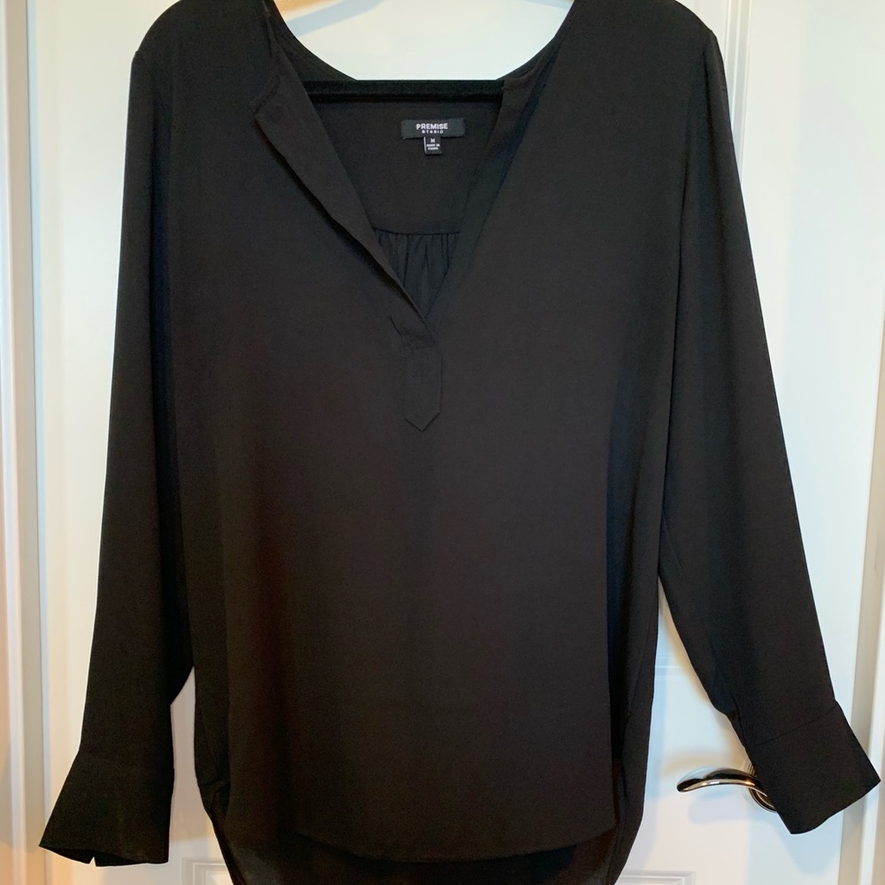 Black Deep V Popover Blouse Long Sleeves